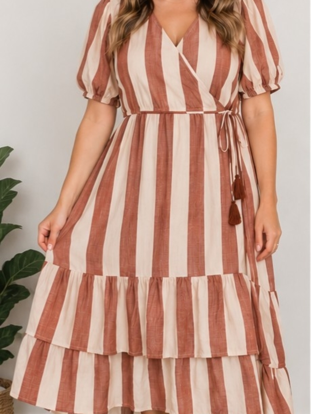 Knox Rose XL Striped Tiered Wrap Midi Dress NWT Cotton Boho Tassel Puff Sleeve